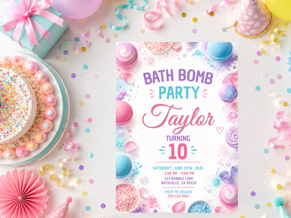 Editable bath bomb birthday invite preview with pastel colors, bath bomb illustrations, confetti details and a fun spa-party theme.
