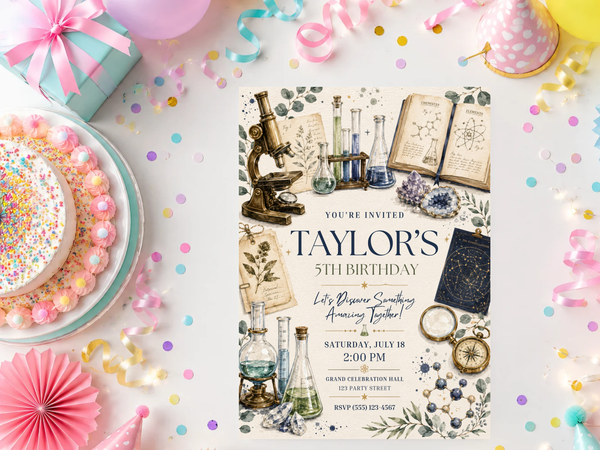 STEM birthday invitation template with an antique science laboratory aesthetic, featuring microscopes, test tubes, flasks, atom diagrams and botanical illustration.