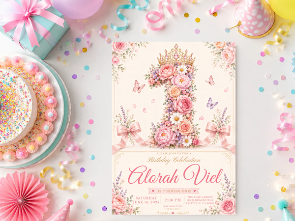 Pastel birthday invitation template with floral crown, pink roses, lavender flowers, butterflies, bows, and elegant typography in a soft cream setting.