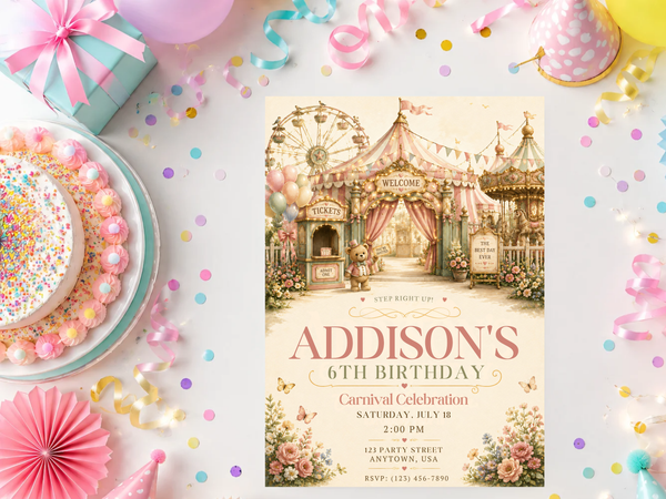Pastel carnival birthday invitation template with a carousel scene, Ferris wheel, decorative bunting, soft pink florals, and whimsical storybook styling