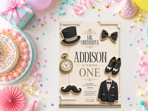 Luxury vintage birthday invitation template featuring classic black and gold typography with formal gentleman motifs