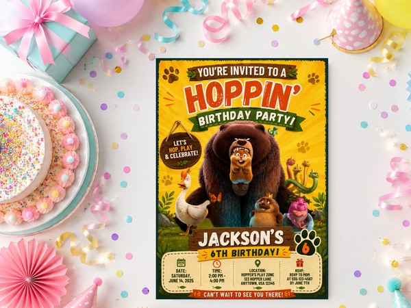 Hoppers animal birthday invitation design with a large brown bear, small beaver, and other colorful woodland creatures in a playful party setting.