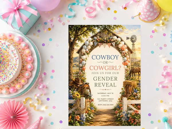 Rustic ranch gender reveal invitation featuring cowboy boots, hay bales, wildflowers, a horse and western countryside scenery.