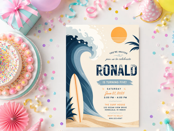 Ocean birthday invitation template with bold navy typography, wave artwork, surfboard details and a sunny coastal color palette.
