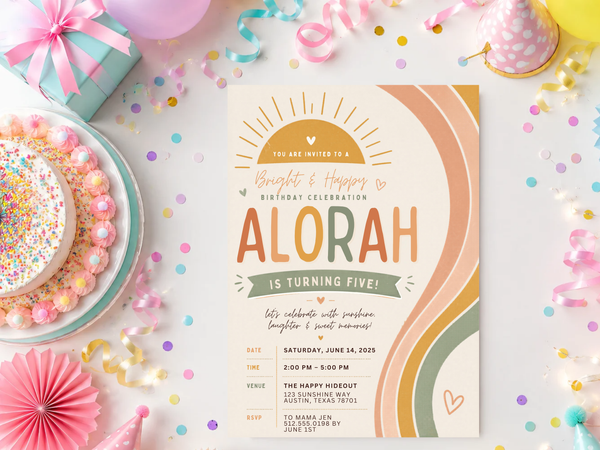 Modern rainbow birthday invitation template with pastel curved bands, warm peach tones, sage green accents, and a portrait layout.