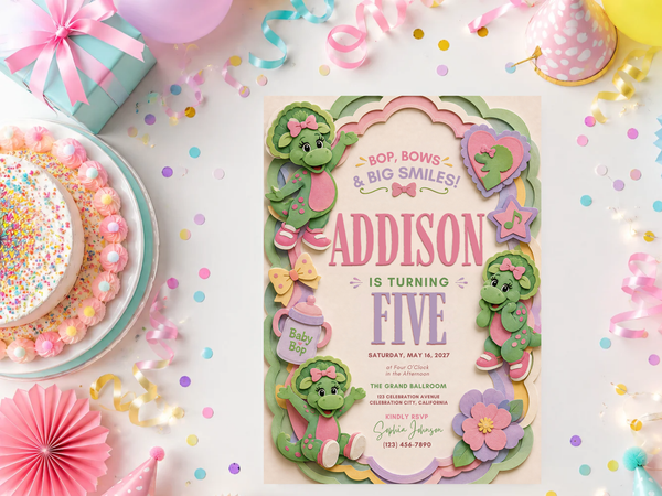 Baby Bop birthday invitation template product image 6 featuring playful dinosaur characters, pink bows, floral accents, stars, and a colorful kids birthday aesthetic.