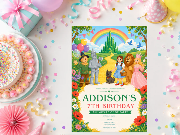 Wizard of Oz birthday invitation artwork with Dorothy, Scarecrow, Tin Man, Lion and Toto in a colorful fairytale setting