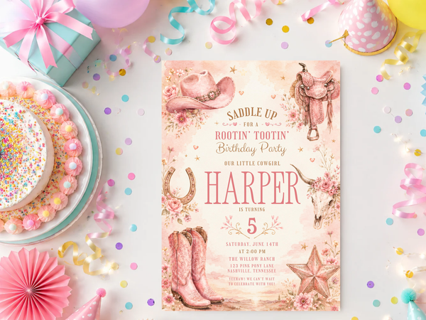 Cowgirl birthday invitation template featuring watercolor western motifs, pink hat, boots, horseshoe and decorative star