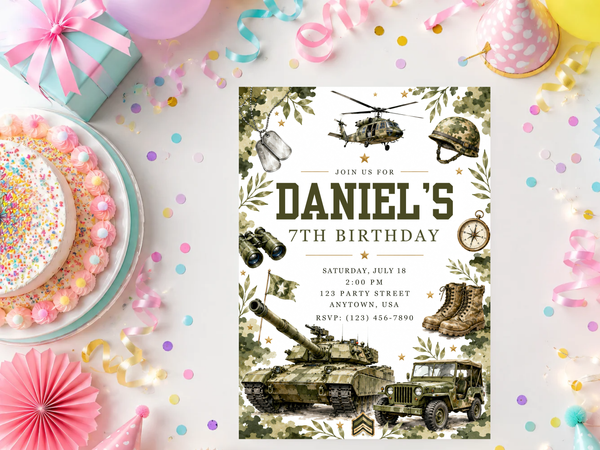 Soldier birthday invitation design with watercolor army gear, helmet, dog tags, binoculars, compass, and camouflage greenery