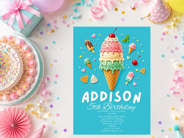 Playful ice cream party birthday invitation template with a turquoise background, bright dessert colors and a cheerful illustrated cone.