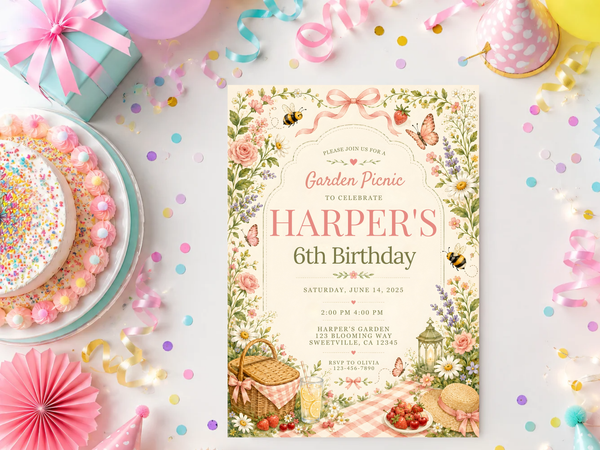 Garden Picnic birthday invitation artwork with a botanical floral border, warm cream background and soft sage, pink and peach tones.