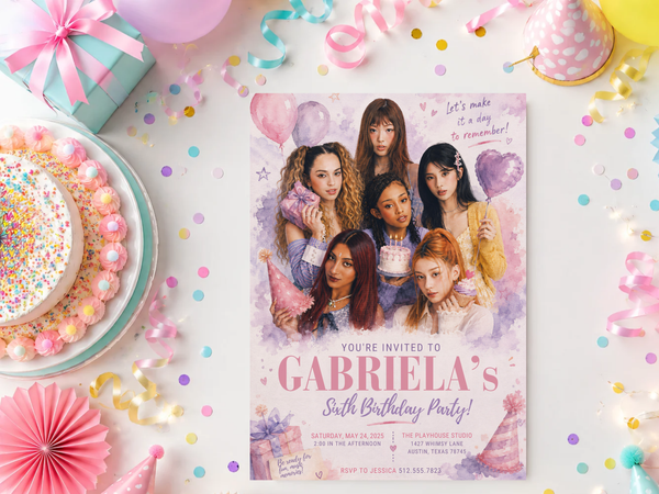 K-pop girl group birthday invitation template in pastel pink and lavender with six female performers, balloons, hearts, confetti, gifts, and elegant birthday typography — gallery image 6.