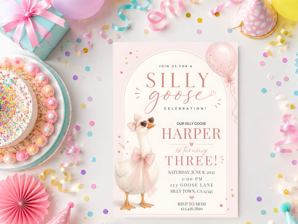 Silly Goose birthday invitation template — alternate product view 6 showing the soft blush, cream and pastel birthday invitation theme.