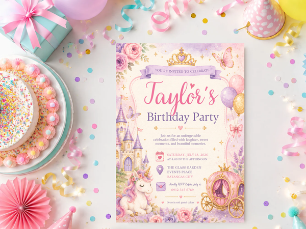 Magical fairytale birthday invitation featuring a watercolor castle, unicorn, carriage, balloons, roses, butterflies, and pastel colors.
