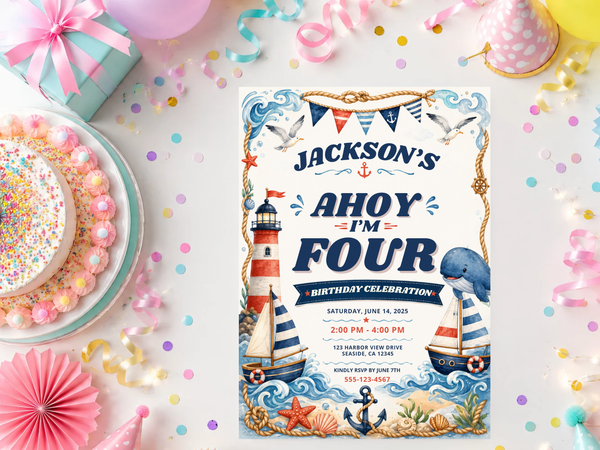 Ocean-themed birthday invitation template with watercolor sailboat, lighthouse, anchor and starfish