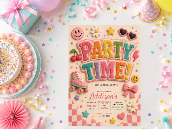 Roller skating birthday invitation with a pink-and-cream checkerboard border, colorful Party Time headline, stars, hearts, and confetti.