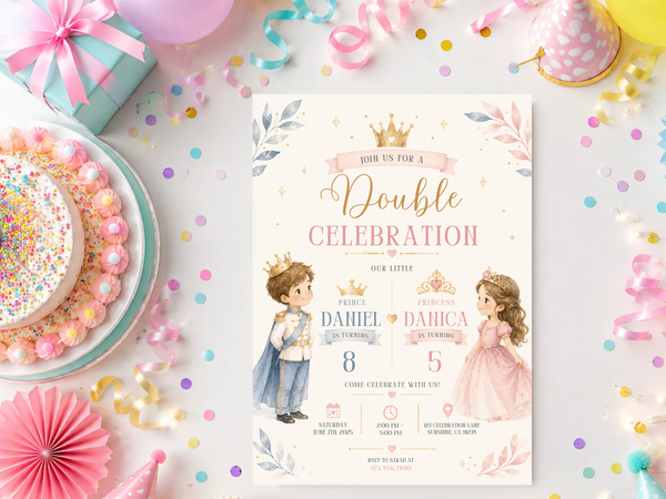 Elegant royal double birthday invitation artwork with two child celebrants, crowns, floral branches and a decorative celebration banner.