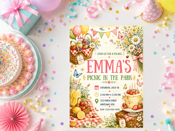 Watercolor birthday invitation in a whimsical picnic theme, combining garden flowers, strawberries, lemonade, gingham accents and soft pastel party details.