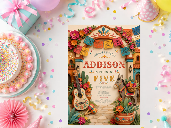 Festive Mexican birthday invitation design with a guitar, papel picado, flowering cacti, terracotta pots and colorful details