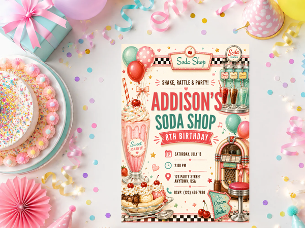 Retro birthday invitation template featuring ice cream treats, soda glasses, cherries and festive balloons.