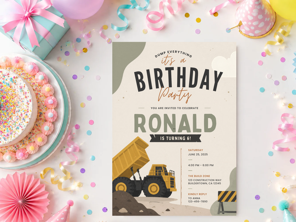 Editable construction party invitation with dump truck illustration, job-site motifs, warm beige background, olive green shapes, and bold birthday lettering.