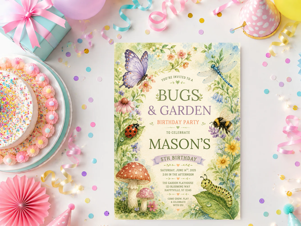 Bugs & Garden birthday invitation showing watercolor mushrooms, flowers and soft woodland garden details