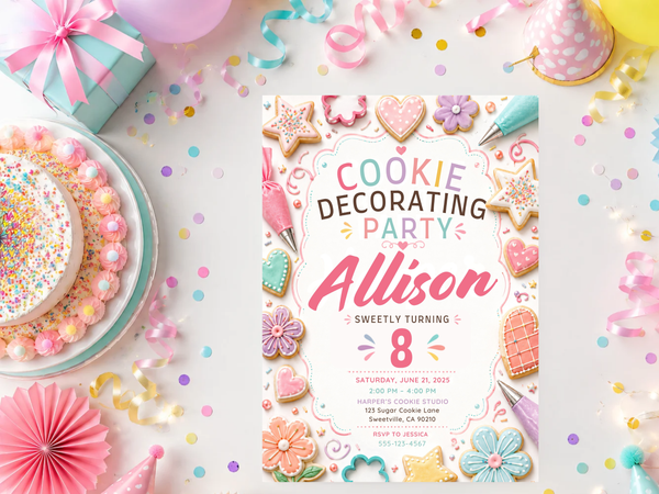 Editable cookie decorating birthday invitation artwork with pastel cookies, hearts, flowers and colorful sprinkle details.
