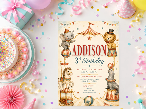 Watercolor horse and carousel circus birthday invitation artwork with classic carnival styling
