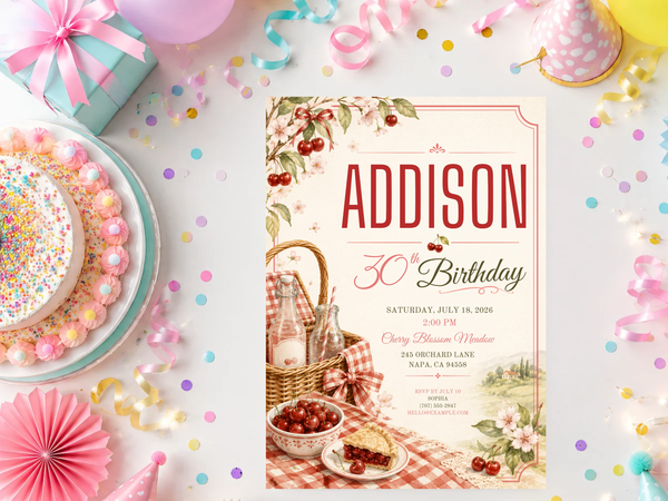 Elegant vintage birthday invitation featuring cherries, floral branches, picnic motifs, and refined red typography.