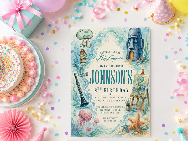 SpongeBob birthday party invitation template with watercolor waves, jellyfish, coral accents and ocean motifs