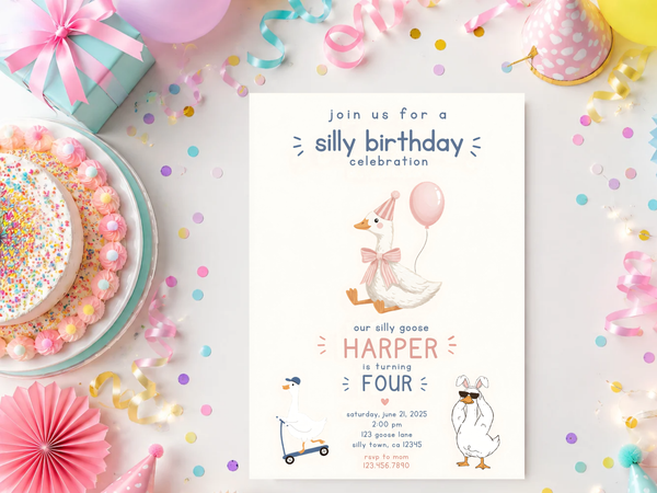 Silly goose kids birthday invitation product image with a white goose illustration, pink balloon, confetti, soft typography, and a light pastel party aesthetic.