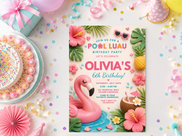 Tropical luau birthday invite featuring bright pink, aqua, coral, yellow and green party elements