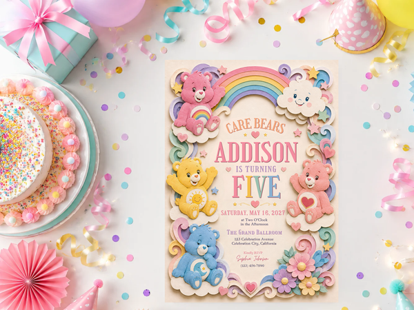 Whimsical Care Bears birthday invitation template featuring cute bear characters, rainbow colors, heart motifs, stars, clouds, and pastel flowers.