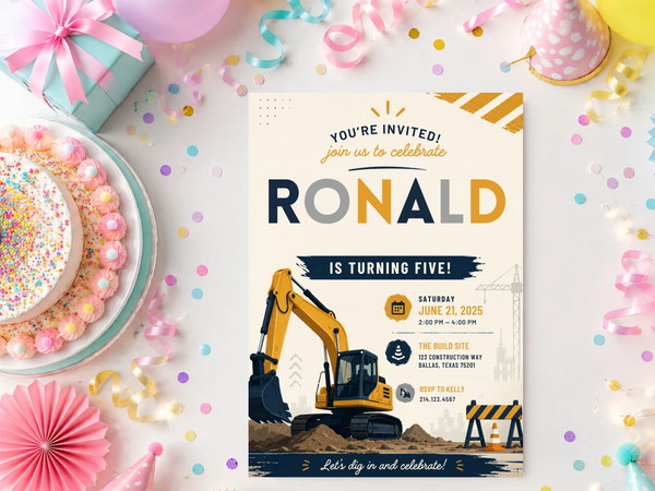 Editable digger birthday invitation featuring construction-site imagery, safety barricade accents, an excavator, and bold modern typography.