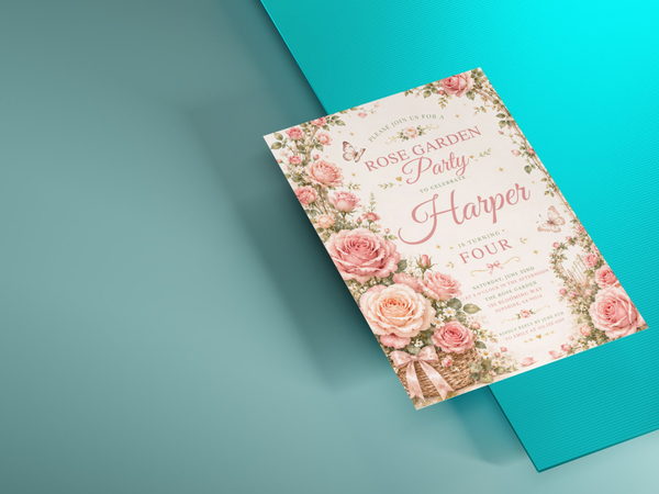 Blush pink floral birthday invitation template with roses, greenery and delicate decorative details