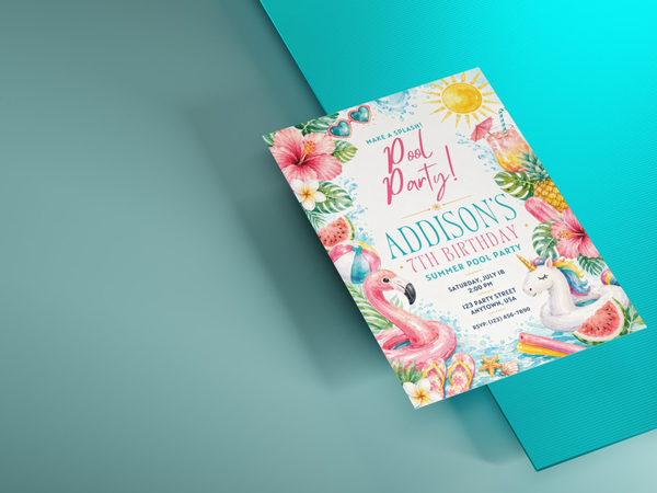 Editable Canva birthday invitation template for a colorful tropical pool party with flamingo and unicorn imagery