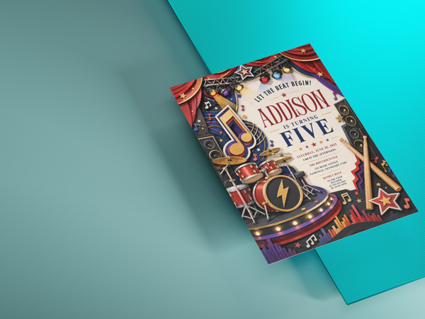 Rock and roll birthday invitation template with electric guitar, drums, speakers, stage lights, music notes and bold concert-inspired typography.