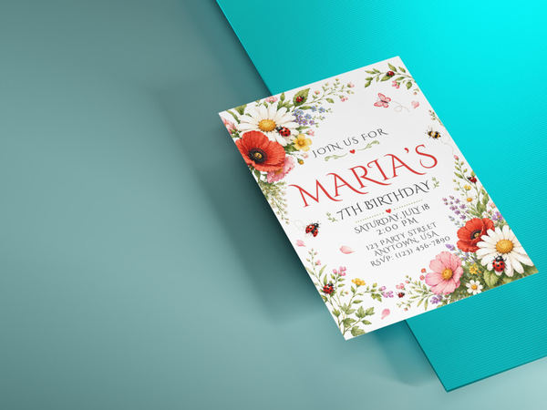 Nature-inspired floral birthday invitation template with daisies, poppies, blossoms, green foliage and delicate garden insect illustrations.