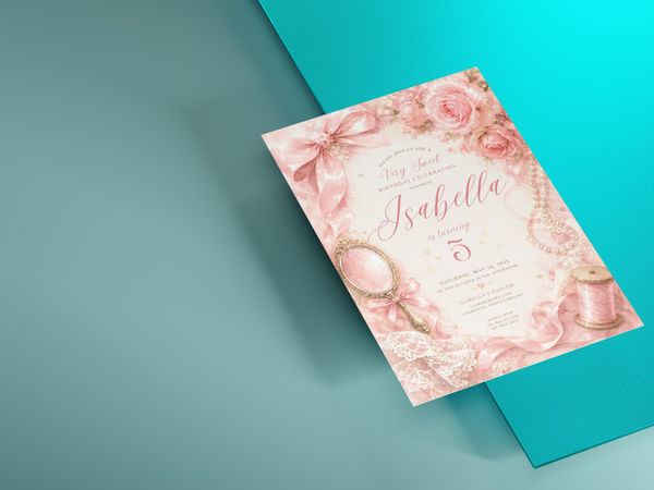 Sewing birthday invitation template featuring pearl strands, lace, pink roses, ribbon bows and soft cream background details.
