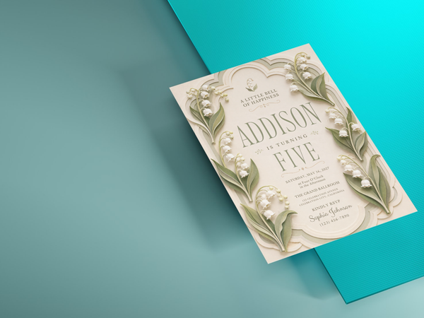 Lily of the Valley floral birthday invitation for any age, combining white flowers, botanical greenery, an ivory frame, and soft pastel accents.