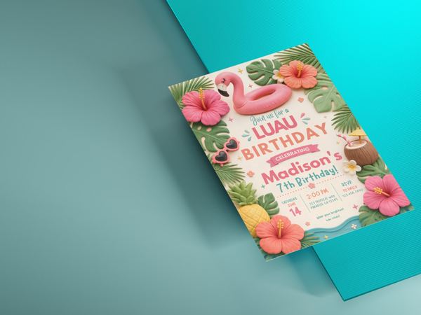 Tropical birthday invite featuring a pink flamingo, palm leaves, hibiscus flowers, pineapple and coconut drink in a bright palette