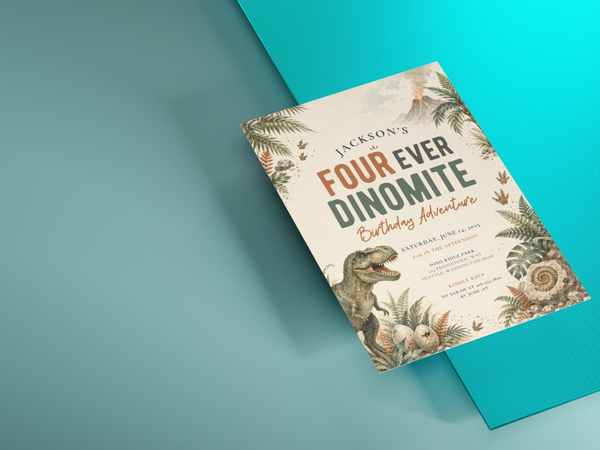 Dinosaur birthday invitation artwork with a prehistoric adventure composition, T. rex, fern greenery, fossils, dinosaur eggs, rocks, and earthy neutral colors.