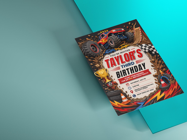 Off-road racing birthday invitation featuring monster truck artwork, dirt textures, orange and yellow accents, cones and racing motifs