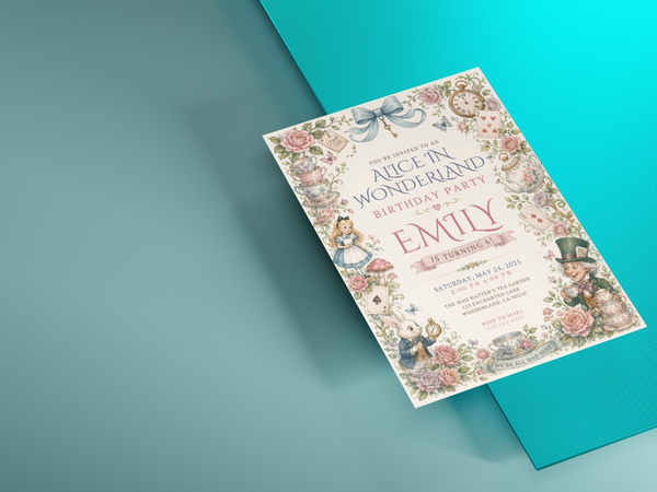 Alice in Wonderland birthday party invitation featuring storybook characters, floral details, playing cards, pocket watch and a decorative tea-party border