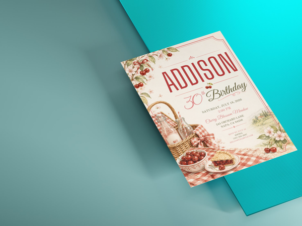 Cherry-themed birthday invitation with rustic picnic styling, red gingham pattern, botanical greenery, and cream background.