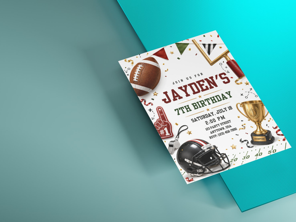 Football themed birthday invite for a game-day party with football gear, pennants, confetti, stars, and red and green sporty lettering