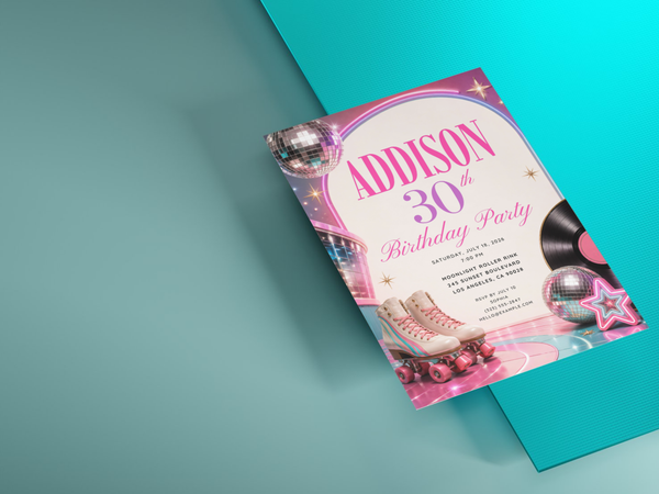 Editable roller disco invitation artwork with pink roller skates, mirrored disco balls, vinyl record, neon rainbow and sparkling star motifs.