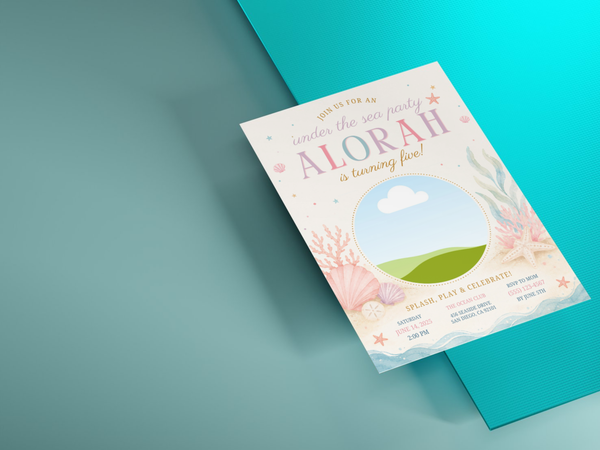 Whimsical Under the Sea birthday invitation featuring pastel pink, aqua blue, cream and green artwork with ocean-themed motifs.