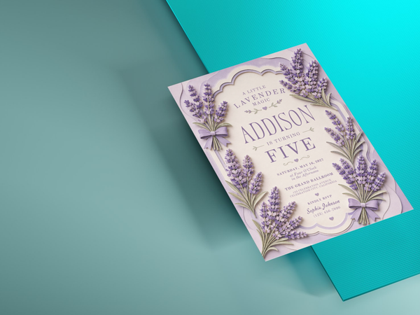 Lavender floral birthday invitation template shown in product image 7, with delicate purple flower stems, botanical foliage, decorative ribbon bows, and a portrait birthday layout.