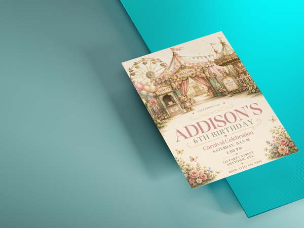 Whimsical vintage carnival invitation artwork featuring a fairground entrance, teddy bear, carousel, flowers, butterflies, and soft blue and pink details